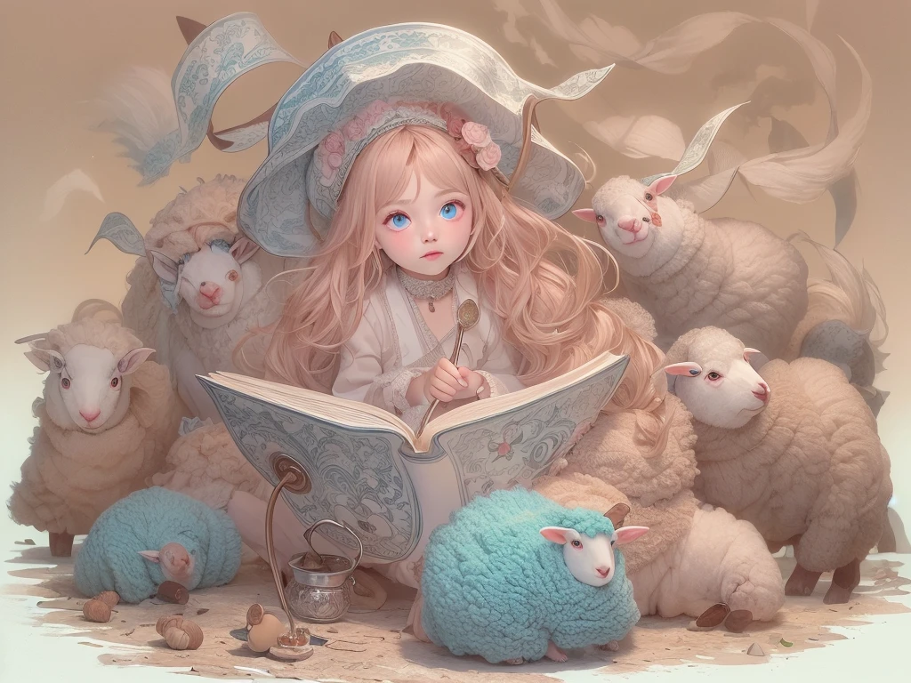 ((UHD, masterpiece, accurate, anatomically correct, super detail, high details, best quality,  highres icon)), 1girl,  long pink fluffy hair , round sheep horn , Thick eyebrows,  perfect eyes, Perfect Hair,  perfect finger,  Pink Dress , Sky blue witch hat , Sky Blue Robe,  brown boots, I can see your ankles,  stirring the liquid in the pot to a large ladle,  holding a spellbook in one hand ,  small sheep floating around it  + Perfect and detailed sheep,  room with miscellaneous items , Lamplight, Realistic lighting light