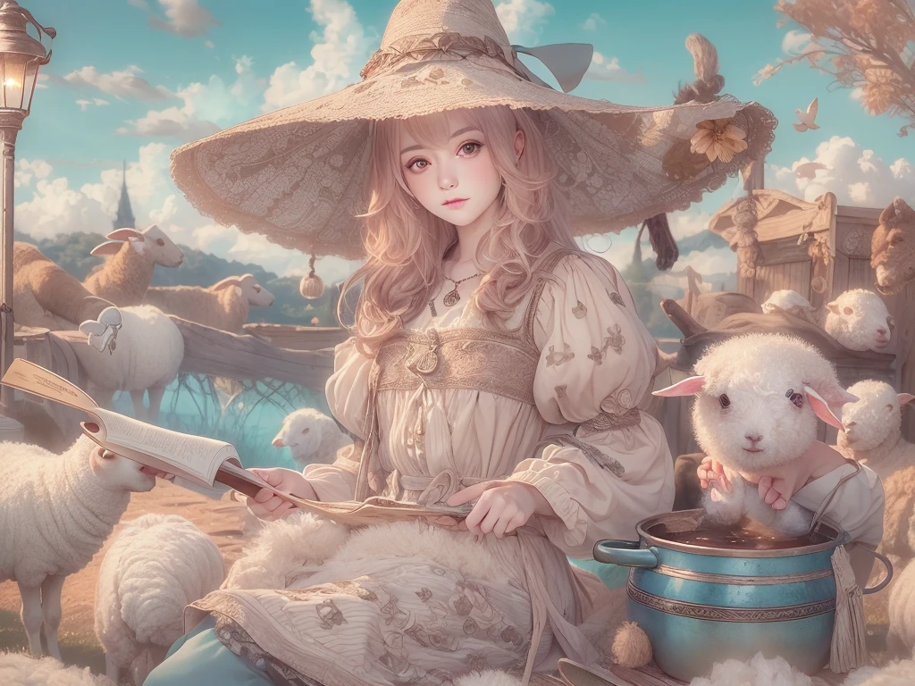 ((UHD, masterpiece, accurate, anatomically correct, super detail, high details, best quality,  highres icon)), 1girl,  long pink fluffy hair , round sheep horn , Thick eyebrows,  perfect eyes, Perfect Hair,  perfect finger,  Pink Dress , Sky blue witch hat , Sky Blue Robe,  brown boots, I can see your ankles,  stirring the liquid in the pot to a large ladle,  holding a spellbook in one hand ,  small sheep floating around it  + Perfect and detailed sheep,  room with miscellaneous items , Lamplight, Realistic lighting light