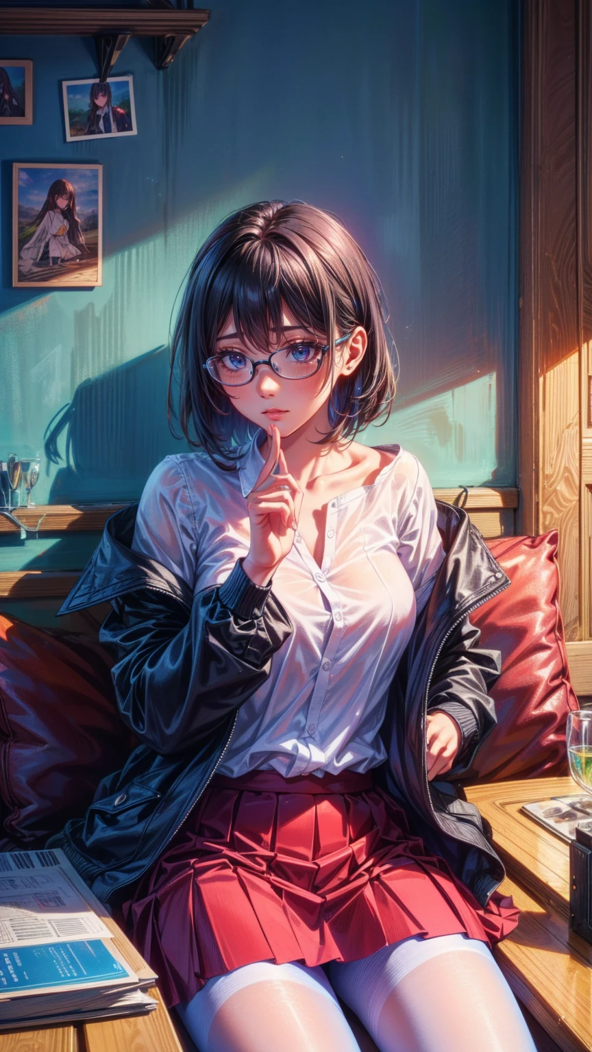 
(  girl),(  very detailed目,  very detailed顔), ( realistic にสุดๆ,  high res ), (  top quality :1.4), (  top quality ), 5, Midea, 1人の girl,score_9, score_8_ up, score_7_ up, score_6_ up, score_5_ up, score_4_ up,  real skin texture deep into the night,  RAW photos , ( realistic に,  realistic :1.37),  very detailed,  Pro Pictures , (masterpiece:1.3,  top quality ,  Ultra High Resolution ,  ultra More), ( realistic , photo realistic :1.4),  beautiful illustration ,  perfect lighting,  natural light,  depth of field , beautiful detailed hair,  beautiful detailed face , beautiful detailed eyes,  beautiful collarbone,  beautiful body ,  beautiful breasts ,  beautiful thighs,  beautiful legs,  look under her beautiful fingers,  viewers、、an anime girl with glass and a  skirt sits on ground and poses, 一人の girl, Alone,  skirt,  has ,  shirt, white  shirt,  pantyhose,  red eyes, glass,  black hair, shoes, red  skirt,  check pattern   skirt,  viewers, Open the clothes,  check pattern  , collared  shirt, ,  Long Sleeve , Shut up,  sitting, black  pantyhose, indoor, bangs,  Shorthair,  Black Eyewear,  brown jacket,  off-shoulder,Add XL