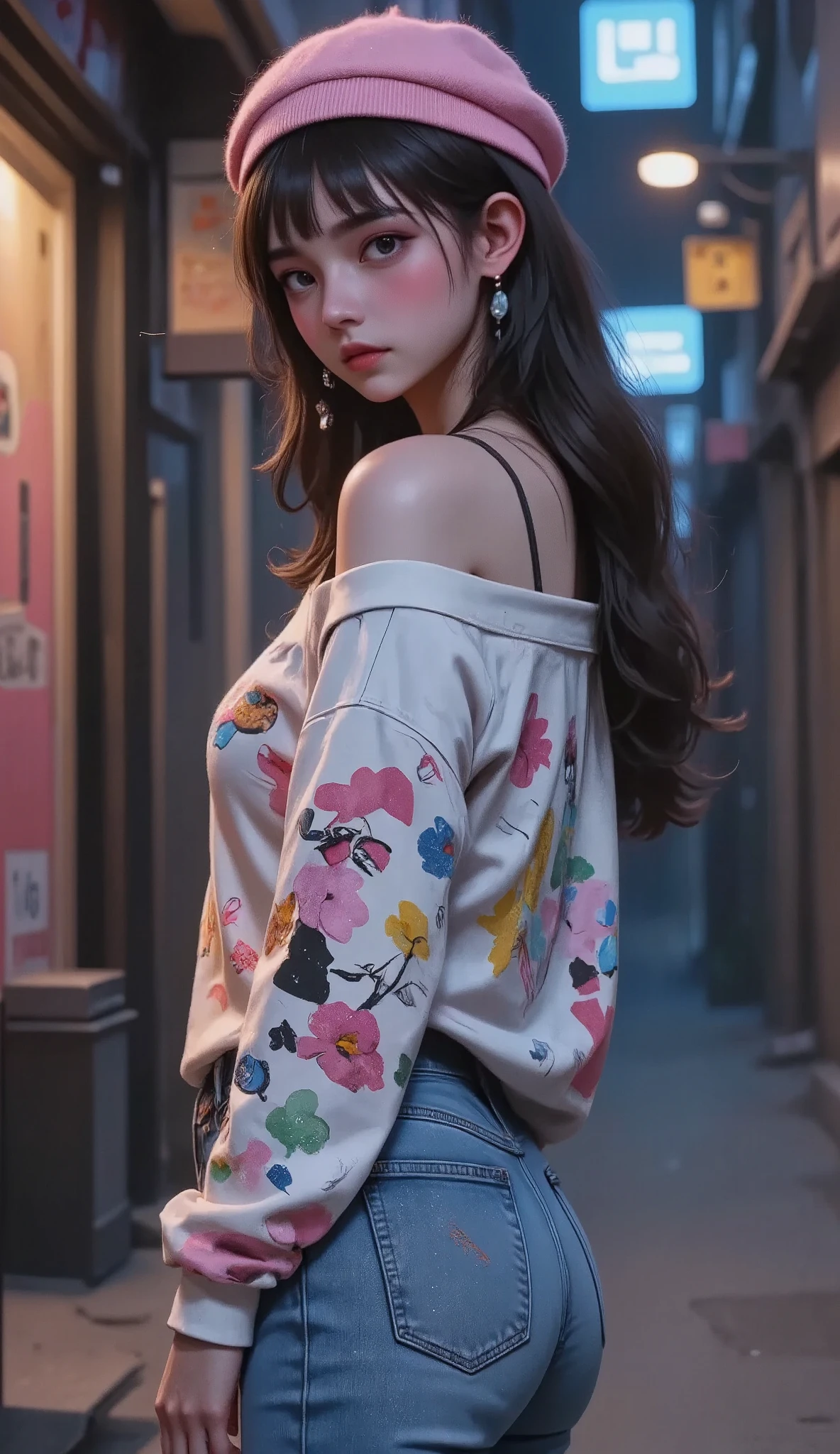 (  better quality,  masterpiece:1.2),  perfect body,  thin waist  ,  big breasts,  printed sweatshirt with dropped shoulders, earrings, Pink beret , jeans,  back alley  , vibrant,  faces away from the camera , And turn your head to the camera  , chiaroscuro,  movie lighting , U high definition , Retina,  masterpiece,  Precise,  Anatomically correct ,  old school ,  High Details , De alta calidad, awarded ,  better quality, highres, 1080P,  high definition , 16K