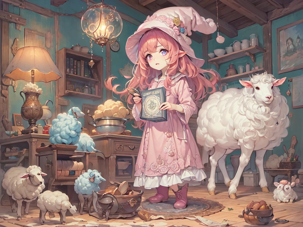 ((UHD, masterpiece, accurate, anatomically correct, super detail, high details, best quality,  highres icon)), 1girl,  long pink fluffy hair , round sheep horn , Thick eyebrows,  perfect eyes, Perfect Hair,  perfect finger,  Pink Dress , Sky blue witch hat , Sky Blue Robe,  brown boots, I can see your ankles,  stirring the liquid in the pot to a large ladle,  holding a spellbook in one hand ,  small sheep floating around it  + Perfect and detailed sheep,  room with miscellaneous items , Lamplight, Realistic lighting light