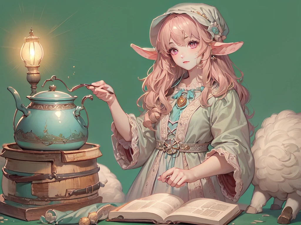 ((UHD, masterpiece, accurate, anatomically correct, super detail, high details, best quality,  highres icon)), 1girl,  long pink fluffy hair , round sheep horn , Thick eyebrows,  perfect eyes, Perfect Hair,  perfect finger,  Pink Dress , Sky blue witch hat , Sky Blue Robe,  brown boots, I can see your ankles,  stirring the liquid in the pot to a large ladle,  holding a spellbook in one hand ,  small sheep floating around it  + Perfect and detailed sheep,  room with miscellaneous items , Lamplight, Realistic lighting light