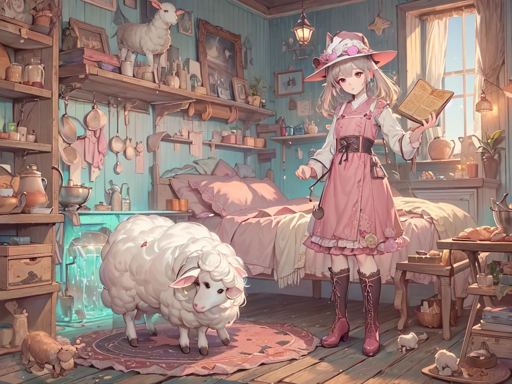 ((UHD, masterpiece, accurate, anatomically correct, super detail, high details, best quality,  highres icon)), 1girl,  long pink fluffy hair , round sheep horn , Thick eyebrows,  perfect eyes, Perfect Hair,  perfect finger,  Pink Dress , Sky blue witch hat , Sky Blue Robe,  brown boots, I can see your ankles,  stirring the liquid in the pot to a large ladle,  holding a spellbook in one hand ,  small sheep floating around it  + Perfect and detailed sheep,  room with miscellaneous items , Lamplight, Realistic lighting light