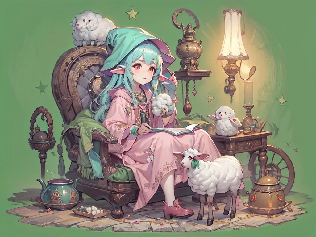 ((UHD, masterpiece, accurate, anatomically correct, super detail, high details, best quality,  highres icon)), 1girl,  long pink fluffy hair , round sheep horn , Thick eyebrows,  perfect eyes, Perfect Hair,  perfect finger,  Pink Dress , Sky blue witch hat , Sky Blue Robe,  brown boots, I can see your ankles,  stirring the liquid in the pot to a large ladle,  holding a spellbook in one hand ,  small sheep floating around it  + Perfect and detailed sheep,  room with miscellaneous items , Lamplight, Realistic lighting light