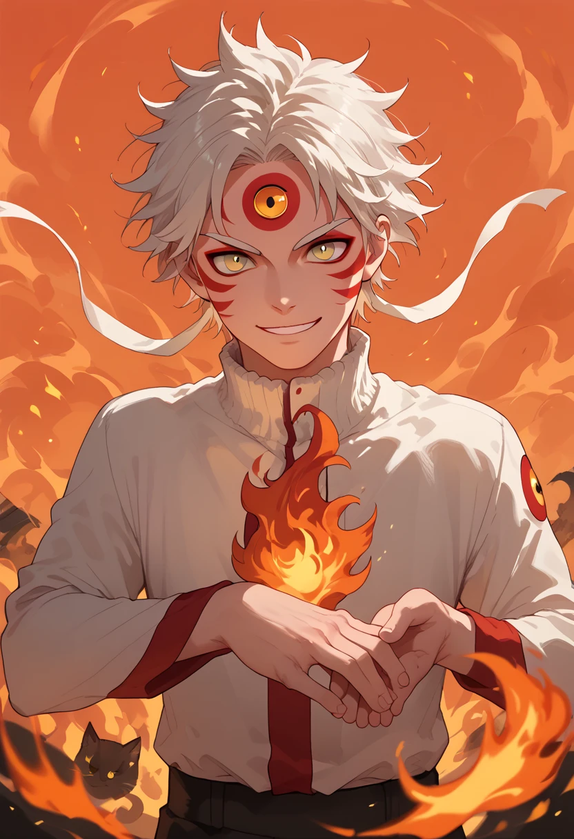 man, fire hair, white skin, red face paint, anime style, fire, yellow eyes, white hair, third eye on forehead, smile, cat eyes, fire covering hands, natural skin, kitsune, short hair, strong, orange sky,