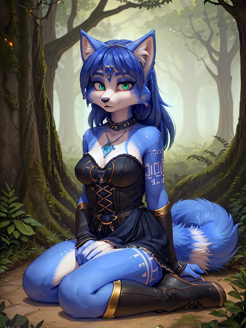 A beautiful and detailed (sweet portrait) wa ((Krystal)), Star Fox Krystal, sslim, lovable, green eyes, medium breasts, (((Long blue hair 1.3))), Decollete, anthro, furry, Uploaded E621, detailed fluffy fur, (wa Fluff-Kevlar, Bayard Wu, personalize me, Pino Daeni), detailed face, (fluffy), 1 girl, alone, wears comfortable clothes, sitting on the sofa, sitting on a sofa, everyday clothes, heller pullover 1.3, detailed face, detailled eyes, detailed hands, Neon color, with long hair and a gree dress standing in a woods, extremely detailed art germ, fanart best artstation, detailed digital anime art, 8k high quality, Detailed art, Anime-Fantasy-Artwork, epic fantasy art style, fantasy art style, advanced digital anime art, rossdraws sakimimichan, Trends on Artstation Pixiv, backdrop, (realisti:1.5) EdobFairytaleLandscape, Electricity, mushroom, leaf, Floating island, Rain, sunbeam, bird, woods, lamppost, Building,Full body
