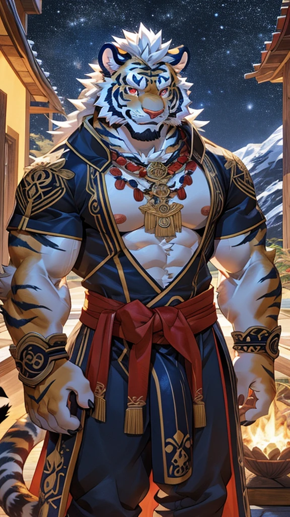 Solo, tiger, black tiger, tiger male, gray hair, white body fur, muscular male, elder male, light red eyes, wearing nothing,gray fur tuft, eastern necklace, star night background, ( by Sollyz, masterpiece, 8k, hd), Looking at viewer, smiling, detailed face, detailed eyes, detailed hair, detailed muscles, detailed clothes, Genshin, nsfw, nude lower body, big penis, jerking cock, cum on full body,