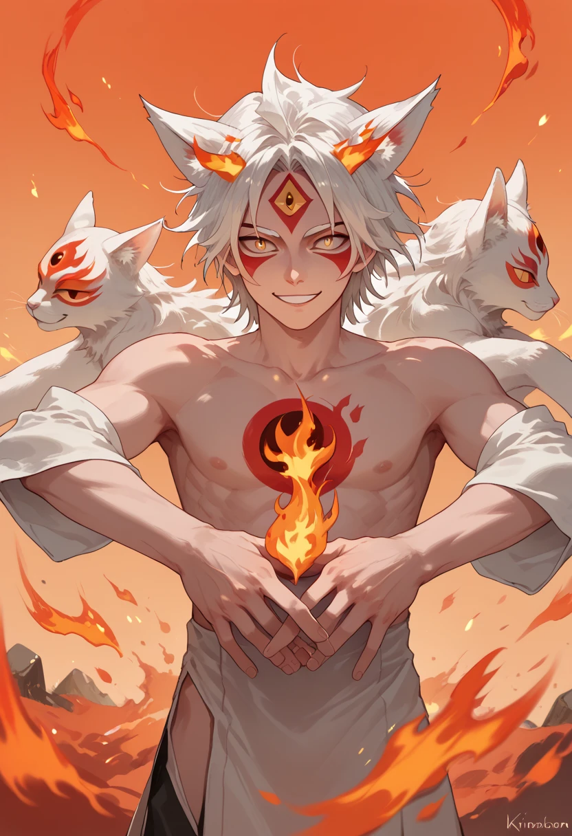 man, fire hair, white skin, red face paint, anime style, fire, yellow eyes, white hair, third eye on forehead, smile, cat eyes, fire covering hands, natural skin, kitsune, short hair, strong, orange sky,