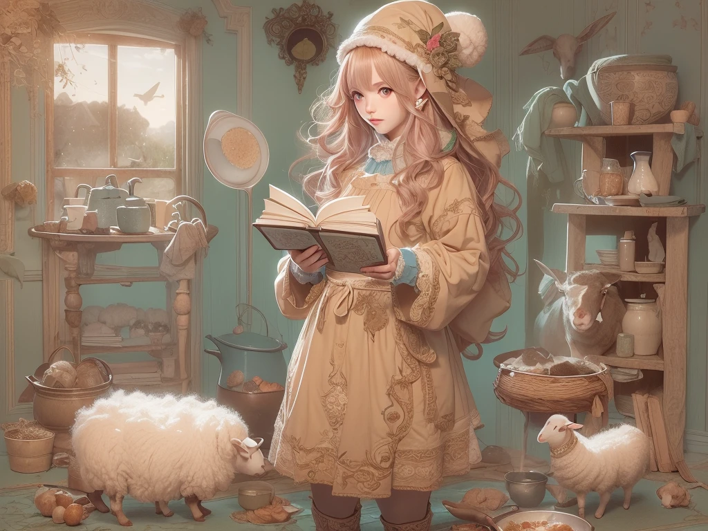 ((UHD, masterpiece, accurate, anatomically correct, super detail, high details, best quality,  highres icon)), 1girl,  long pink fluffy hair , round sheep horn , Thick eyebrows,  Pink Dress , Sky blue witch hat , Sky Blue Robe,  brown boots, I can see your ankles,  stirring the liquid in the pot to a large ladle,  holding a spellbook in one hand ,  small sheep floating around it  + Perfect and detailed sheep,  room with miscellaneous items , Lamplight, Realistic lighting light