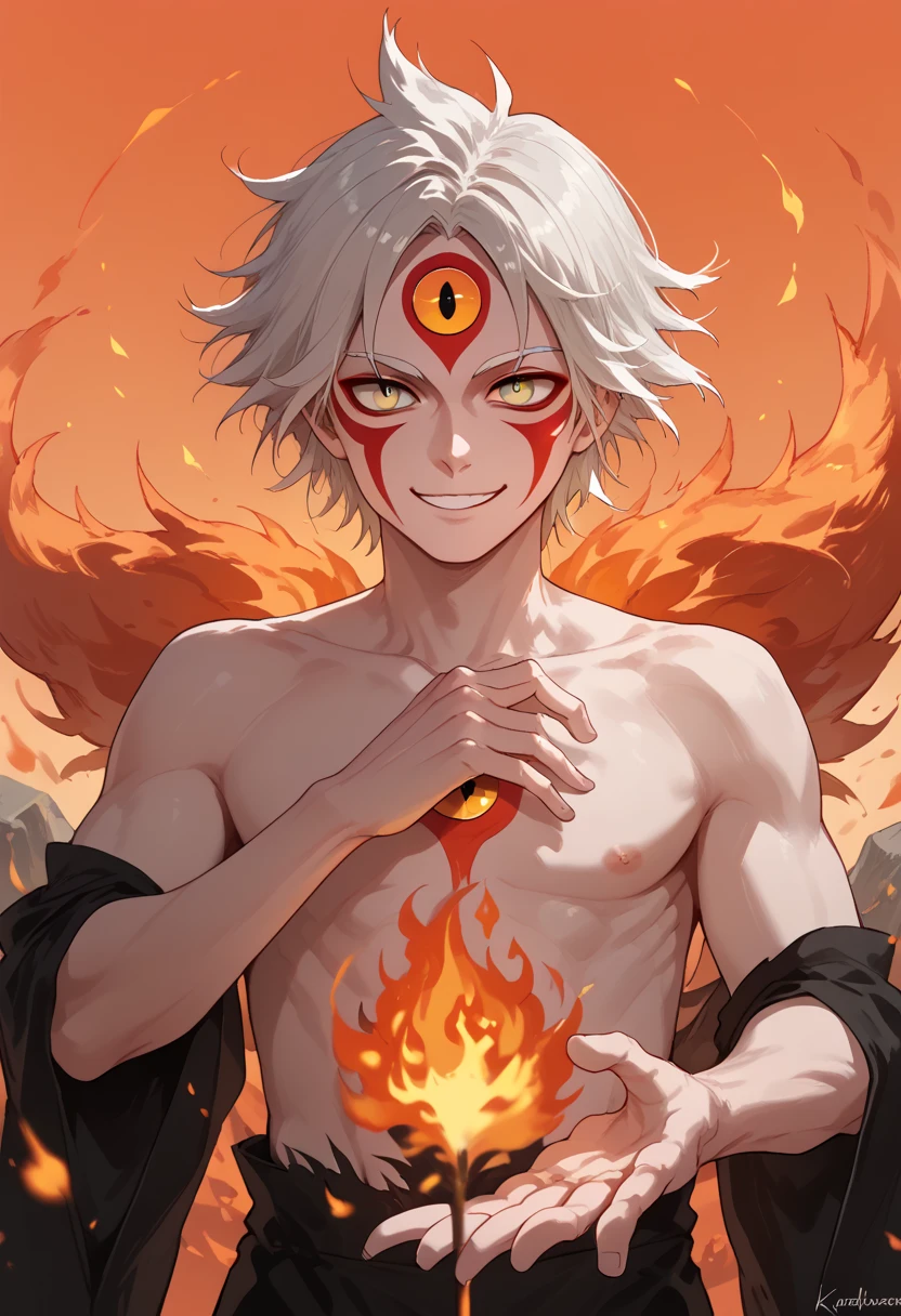 man, fire hair, white skin, red face paint, anime style, fire, yellow eyes, white hair, third eye on forehead, smile, cat eyes, fire covering hands, natural skin, kitsune, short hair, strong, orange sky,