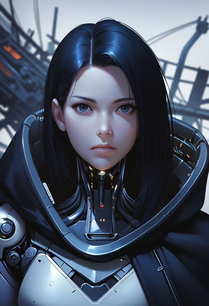 One woman, mature, anime, female anime character, dark eyes, expressionless, black hair, sharp face,artificial skin, black slim mechanical body frame, small chest, black cloak, elster, cyborg , mechanical jaw, mechanical neck, robotic, detailed anime character art, dark, facing center, close-up portrait, sharp focus, zPDXL3.