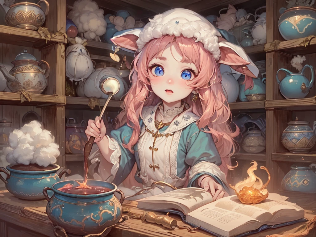 ((UHD, masterpiece, accurate, anatomically correct, super detail, high details, best quality,  highres icon)), 1girl,  long pink fluffy hair , round sheep horn , Thick eyebrows,  perfect eyes, Perfect Hair,  perfect finger,  Pink Dress , Sky blue witch hat , Sky Blue Robe,  brown boots, I can see your ankles,  stirring the liquid in the pot to a large ladle,  holding a spellbook in one hand ,  small sheep floating around it  + Perfect and detailed sheep,  room with miscellaneous items , Lamplight, Realistic lighting light