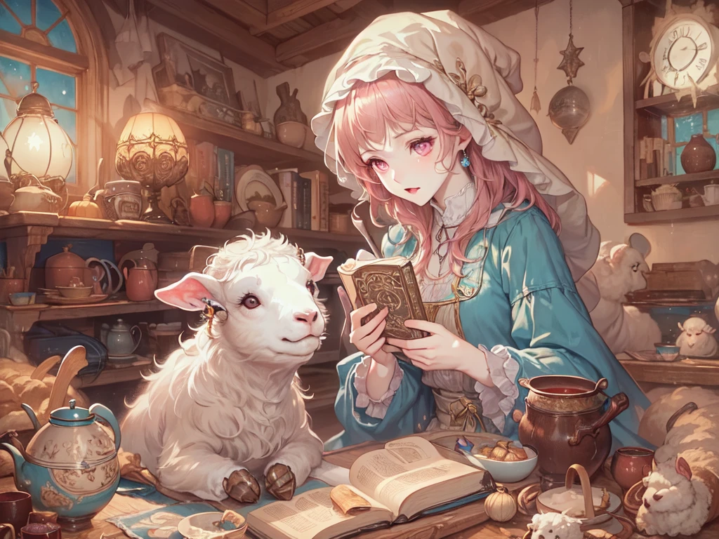 ((UHD, masterpiece, accurate, anatomically correct, super detail, high details, best quality,  highres icon)), 1girl,  long pink fluffy hair , round sheep horn , Thick eyebrows,  perfect eyes, Perfect Hair,  perfect finger,  Pink Dress , Sky blue witch hat , Sky Blue Robe,  brown boots, I can see your ankles,  stirring the liquid in the pot to a large ladle,  holding a spellbook in one hand ,  small sheep floating around it  + Perfect and detailed sheep,  room with miscellaneous items , Lamplight, Realistic lighting light