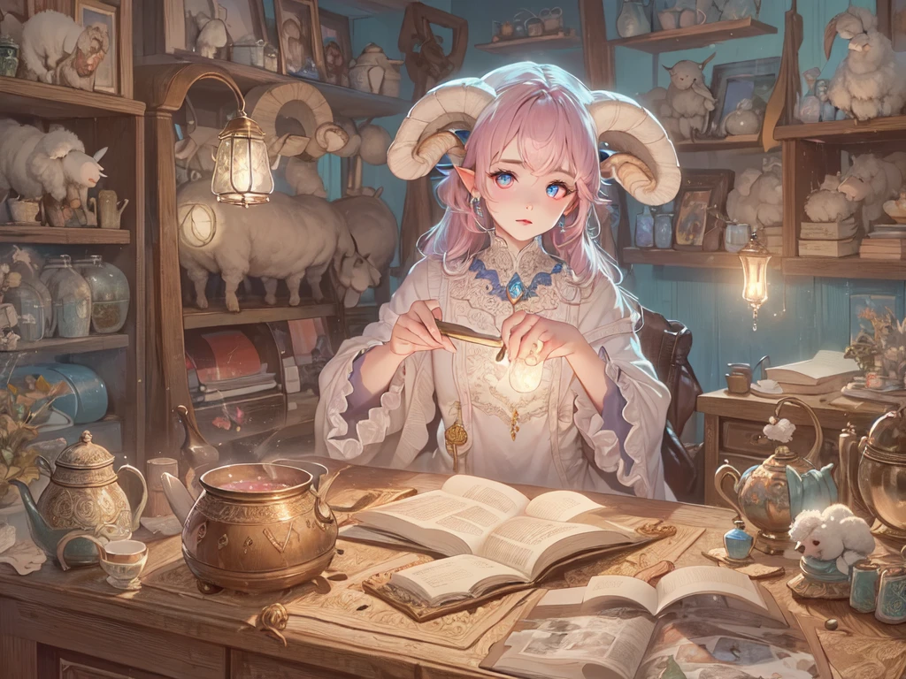 ((UHD, masterpiece, accurate, anatomically correct, super detail, high details, best quality,  highres icon)), 1girl,  long pink fluffy hair , round sheep horn , Thick eyebrows,  perfect eyes, Perfect Hair,  perfect finger,  Pink Dress , Sky blue witch hat , Sky Blue Robe,  brown boots, I can see your ankles,  stirring the liquid in the pot to a large ladle,  holding a spellbook in one hand ,  small sheep floating around it  + Perfect and detailed sheep,  room with miscellaneous items , Lamplight, Realistic lighting light