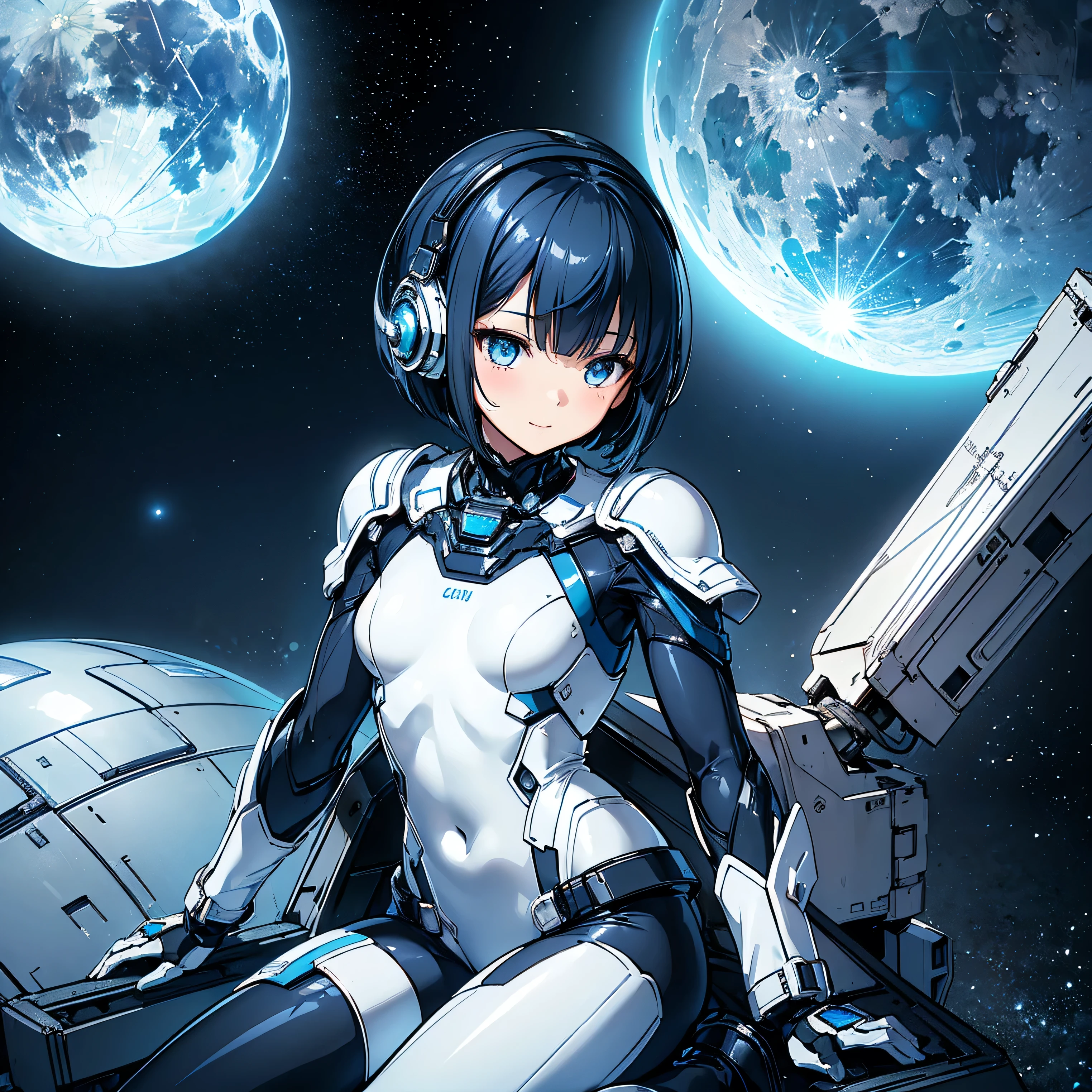 (masterpiece、 top quality 、 highest resolution、 clear_image、 Detailed Details): (Whole body、A 20 year old girl、Japanese Faces、 small face、 slender、 dark blue super short bob cut hair、(Hidden small breasts:1.3)、Sparkling blue eyes 、 white, blue, and black shiny pilot suit、Chest protection armor、Tight fitting clothes、Clothing that covers the whole body、Glamorous clothes、 tight fit pants 、Hide your skin、 very delicate and beautiful、Detailed Skin、Hide your thighs、Hide your ass、 cute、A gentle smile、Soft expression、heroine、 headset、 long boots、Elbow-length gloves、 eye level shot、Peace talks between warring factions,attention arousal, Clever Blue Eyes,Face directly、 woman on a spaceship )、 background、Moon in the background、shiny pilot suit in white, blue and black colors with galaxy clouds on the background 