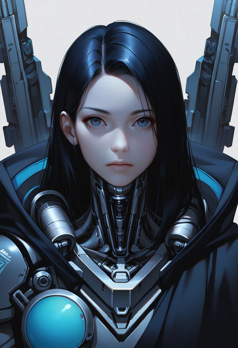 One woman, mature, anime, female anime character, dark eyes, expressionless, black hair, sharp face,artificial skin, black slim mechanical body frame, small chest, black cloak, elster, cyborg , mechanical jaw, mechanical neck, robotic, detailed anime character art, dark, facing center, close-up portrait, sharp focus, zPDXL3.