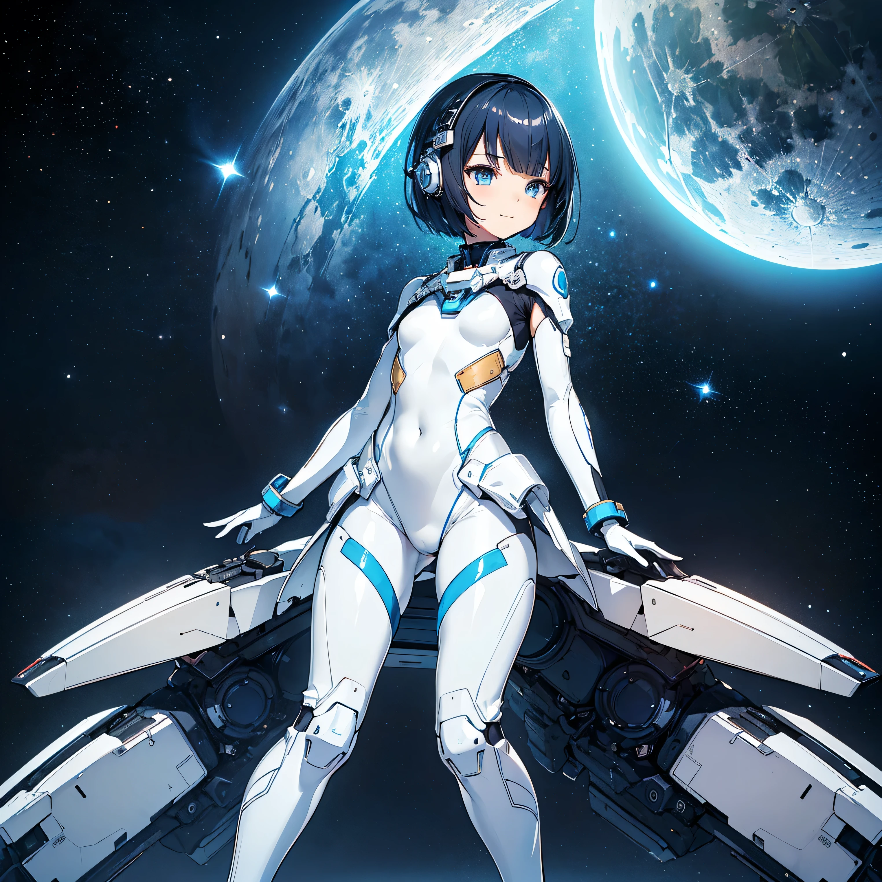 (masterpiece、 top quality 、 highest resolution、 clear_image、 Detailed Details): (Whole body、A 20 year old girl、Japanese Faces、 small face、 slender、 dark blue super short bob cut hair、(Hidden small breasts:1.3)、Sparkling blue eyes 、 white, blue, and black shiny pilot suit、Chest protection armor、Tight fitting clothes、Clothing that covers the whole body、Glamorous clothes、 tight fit pants 、Hide your skin、 very delicate and beautiful、Detailed Skin、Hide your thighs、Hide your ass、 cute、A gentle smile、Soft expression、heroine、 headset、 long boots、Elbow-length gloves、 eye level shot、Peace talks between warring factions,attention arousal, Clever Blue Eyes,Face directly、 woman on a spaceship )、 background、Moon in the background、shiny pilot suit in white, blue and black colors with galaxy clouds on the background