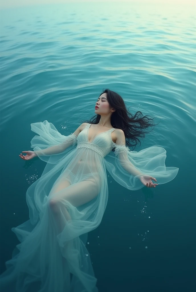 ((masterpiece, highest quality, Highest image quality, High resolution, photorealistic, Raw photo, 8K)), ((Extremely detailed CG unified 8k wallpaper)), Floating woman, In the middle of the ocean, a person in distress sleeping on a raft, eyes closed, a woman in a white dress, floating in the sea, seen from above, wet body, wet hair, drifting in the waves,