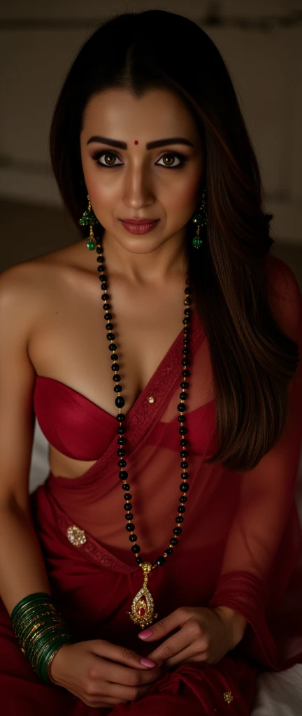 in a dimly light setting A naughty and curvaceous light fair skin tone woman in exposing attire(( revealing her breasts and navel)) with sweat, ((her pallu is dropped revealing her navel and cleavage)), wearing a deep red messed up elegant saree, bikini blouse piece, bare breast and intricate jewelry glass green bangles and a red small bindi between her eyebrow's lady wearing a thin and long necklace is made of gold and has a long chain with black and gold beads. The beads are arranged in a repeating pattern, with the largest bead at the bottom and the smallest at the top. In the center of the necklace, there is a pendant with a design in the shape of a queen of spade symbol, The pendant is attached to the chain with a gold clasp. The overall style of the jewelry is traditional, her expression is her mouth open in an exaggerated expression of shock, lady is crying tearful eyes with messed up eye mascara. lady laying on her stomach in bed and top of the lady a black african man wearing a thick silver chain is mounting on from right behind her, the black african man has an angry expression looking at the lady, cinematic, cinematic lighting , from side UHD, retina, masterpiece, accurate, anatomically correct, textured skin, super detail, high details, high quality, award winning, best quality, highres, 1080P, HD