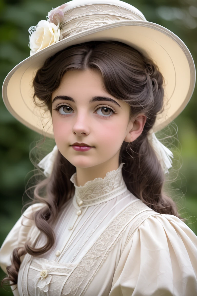 London, 1895. A ((((15-year-old)) Pippa Cross)), extremely beautiful and doll-like delicate, in the gardens of a boarding school for ladies. ((((white from the 19th century)))), ((black ringlets hairstyle from the 1890s))
