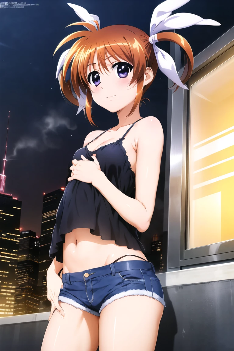 masterpiece,best quality,{{detailed beautiful face and eyes}},
Takamachi Nanoha,{{{megami magazine}}},short hair,orange hair,twintails,white ribbons,hair between eyes,purple eyes,{small breasts},
camisole, bare shoulders, cleavage, crop top, cutoffs, denim shorts, midriff, short shorts, spaghetti strap,
{1loli},(is embarrassing,big blush,closed mouth,steam:1.0),
((standing,cowboy shot,looking at viewer,breast hold:1.2)),
(night city background:1.0),clothed