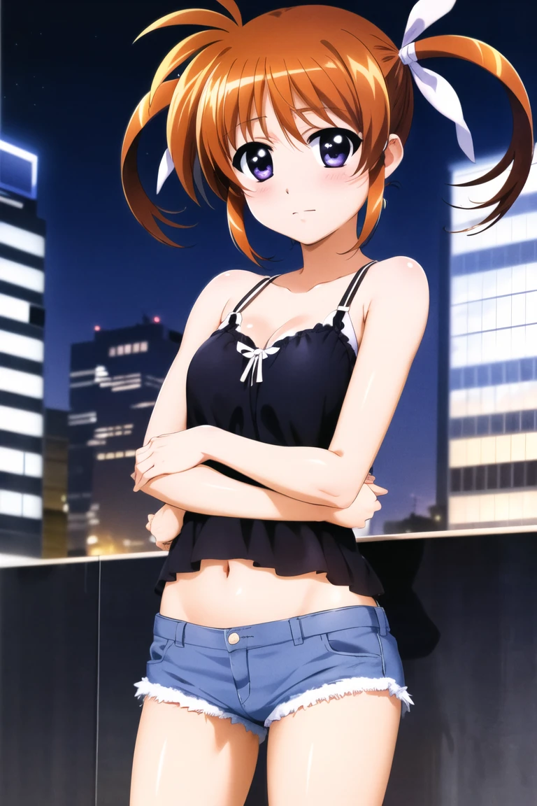 masterpiece,best quality,{{detailed beautiful face and eyes}},
Takamachi Nanoha,{{{megami magazine}}},short hair,orange hair,twintails,white ribbons,hair between eyes,purple eyes,{small breasts},
camisole, bare shoulders, cleavage, crop top, cutoffs, denim shorts, midriff, short shorts, spaghetti strap,
{1loli},(is embarrassing,big blush,closed mouth,steam:1.0),
((standing,cowboy shot,looking at viewer,breast hold:1.2)),
(night city background:1.0),clothed