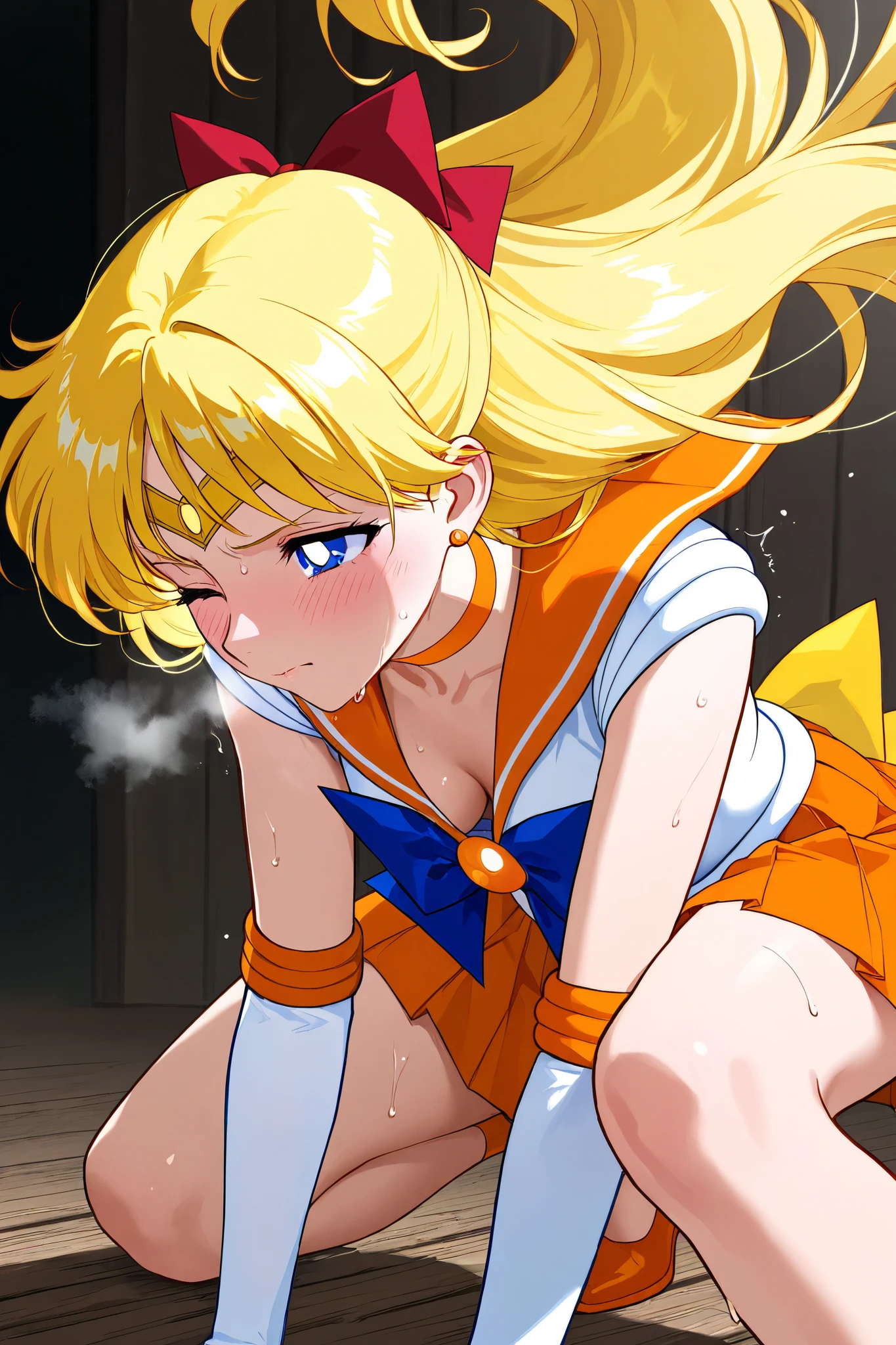  red hair ribbon、Sailor Venus is struggling in battle, gasping in pain and exhausted., bending forward and suffering、downblouse、 adult woman、hand,side view、from side,fight、 Active Angles 、 dynamic composition 、aavenus, long hair, blonde hair, hair bow, tiara, earrings, blue eyes, orange choker, orange sailor collar, blue bow, white shirt, elbow gloves, white gloves, pleated skirt,  orange skirt, Bare legs、stable_Yogis_Animetoon_Negatives、wince、sweat、anxiety、Bad mood、blush、serious、 shortness of breath、