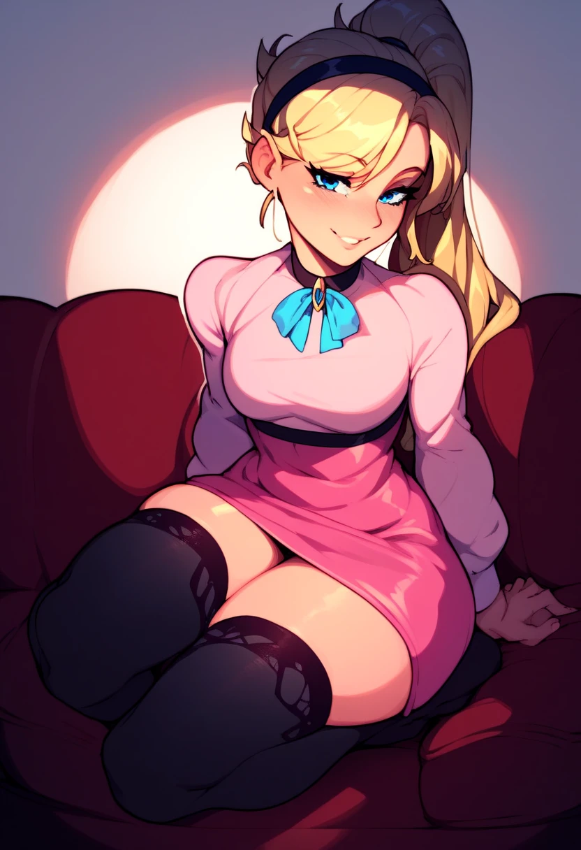 1girl, full body, solo, young girl, long hair, blue eyes, blonde hair, skirt, hairband, cyan ribbon, ponytail, black sexy stockings, sexy ankles, flirty hips, dress, pink dress, long sleeves, score_9, score_8_up, score_7_up, score_6_up, score_5_up, smile, cute smile, looking at viewer, soft lighting, flirty, half-closed eyes, attempts to resist sexual desire, sex, getting fucked on the couch, molested by older man