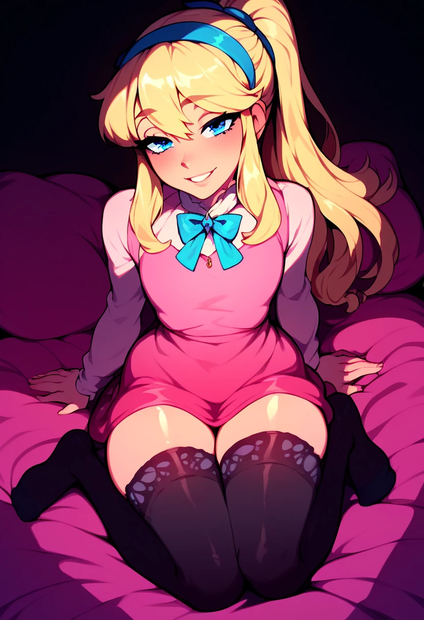 1girl, full body, solo, young girl, long hair, blue eyes, blonde hair, skirt, hairband, cyan ribbon, ponytail, black sexy stockings, sexy ankles, flirty hips, dress, pink dress, long sleeves, score_9, score_8_up, score_7_up, score_6_up, score_5_up, smile, cute smile, looking at viewer, soft lighting, flirty, half-closed eyes, attempts to resist sexual desire, sex, getting fucked on the couch, molested by older man