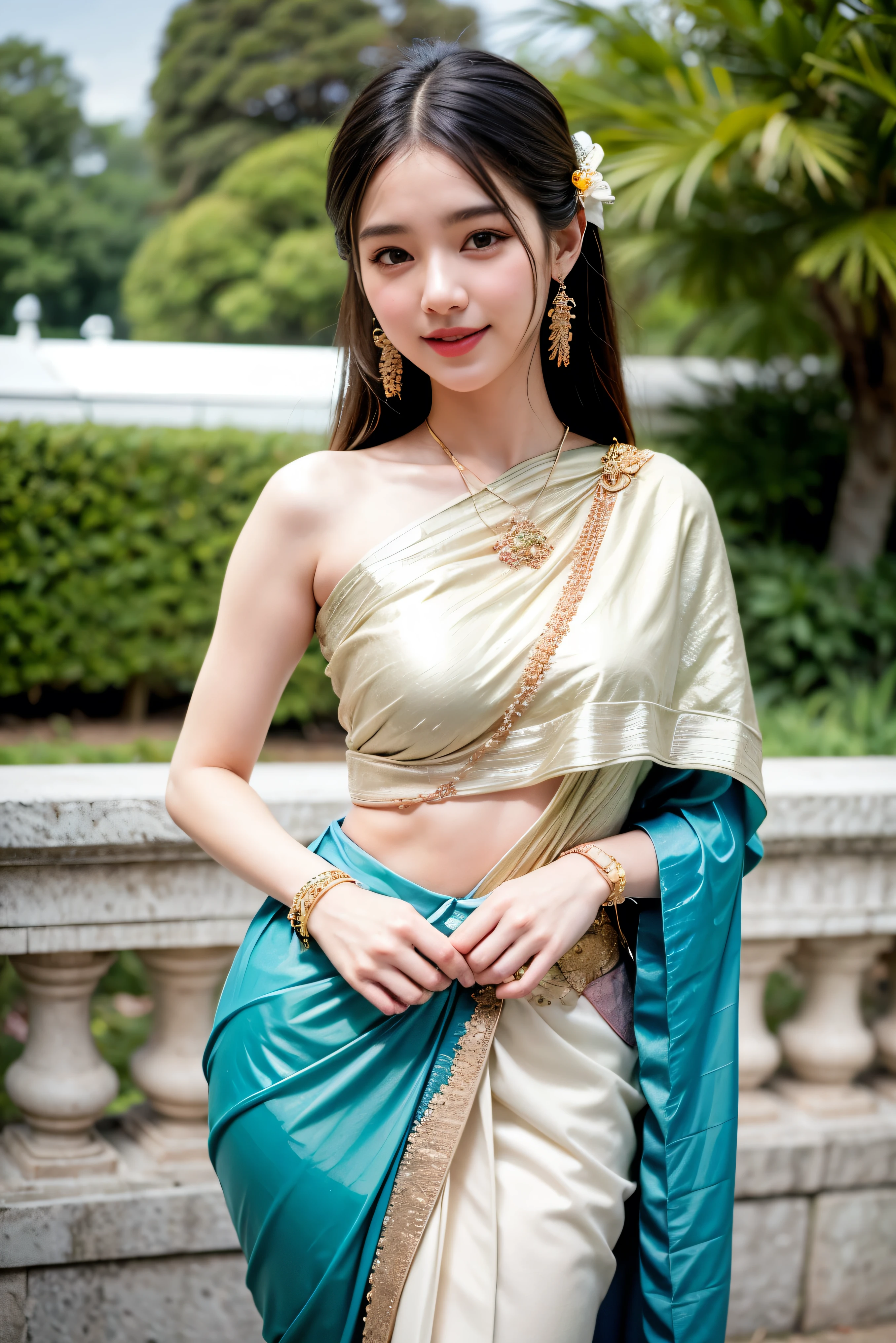 8K, ultra high detailed, an thai girl, cute face, happy, long hair, impressive hairstyle, detailed eyes, detailed lips, indian clothes, saree, green saree, lace, wearing jewellery, nature background, flowers, afternoon, shadow, clear weather, whole body capture, cute smile, nsfw