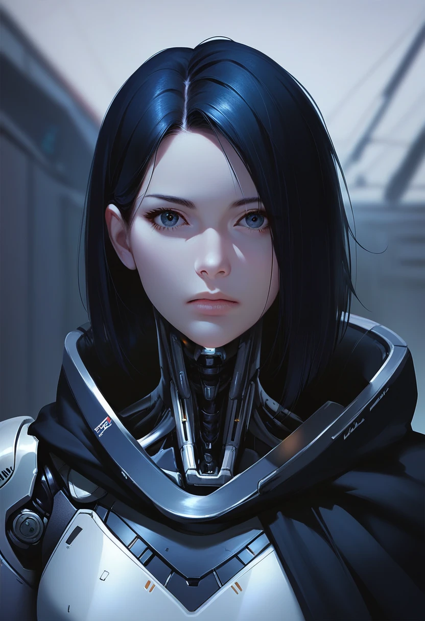 One woman, mature, anime, female anime character, dark eyes, expressionless, black hair, sharp face,artificial skin, black slim mechanical body frame, small chest, black cloak, elster, cyborg , mechanical jaw, mechanical neck, robotic, detailed anime character art, dark, facing center, close-up portrait, sharp focus, zPDXL3.