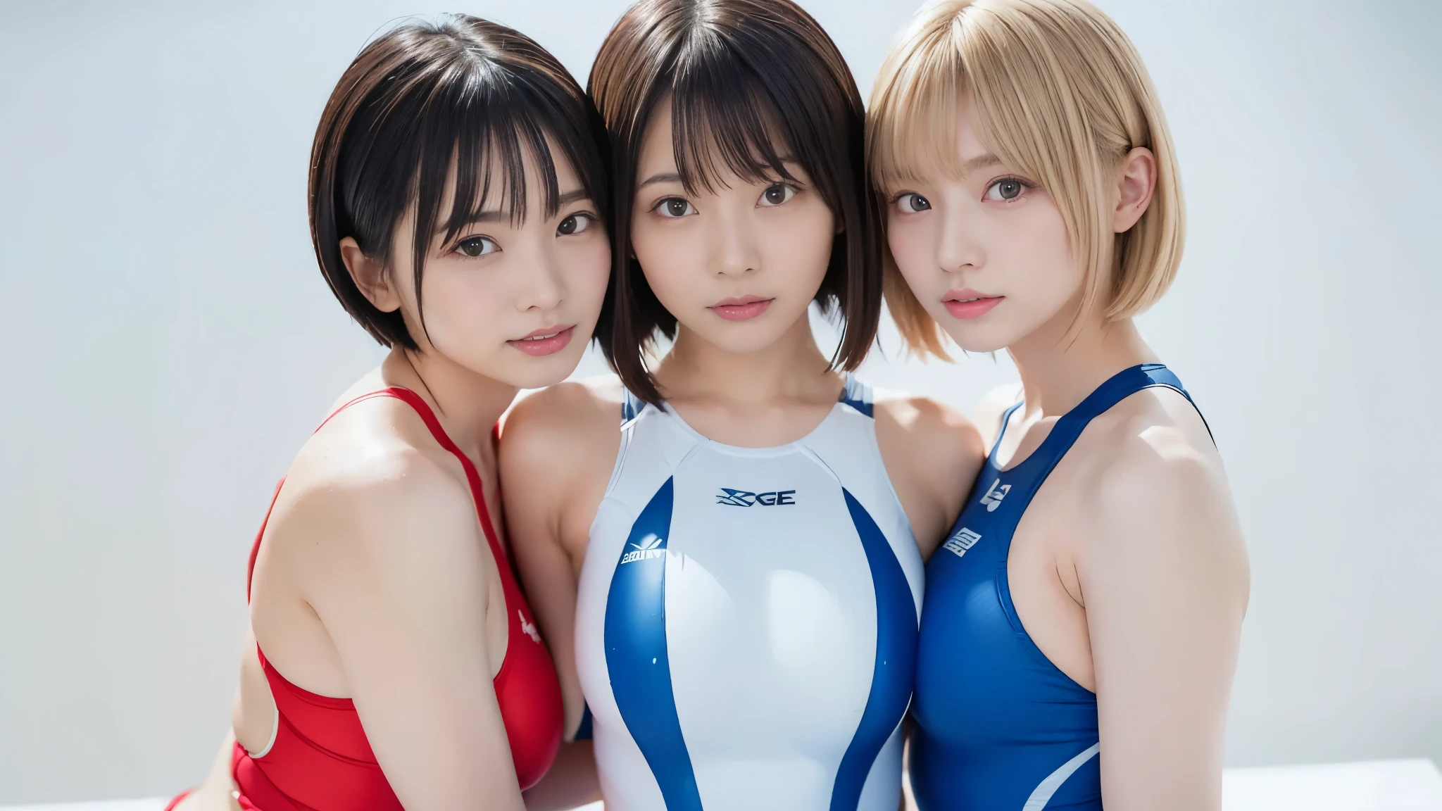  top quality ,masterpiece, super high res, high-definition RAW color photo staring at your feet, Pro Pictures, natural skin texture, fine skin, Hyperrealism ,(blonde short cut hair,(gigantic breasts), shiny competitive swimsuit ,white swim racing suit),(((asymmetrical docking,A group of 3 women who are close to each other,, upper body lift with an emphasis on facial expression,hug,minimal background )))