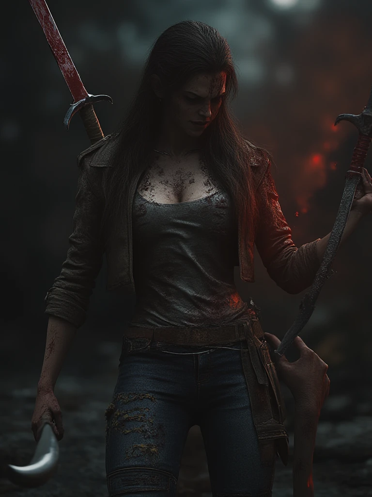 close-up of a young woman holding a knife gasping covered in blood and her hands after a battle in the alley of the destroyed and burning city in the dark night, picture perfect, apocalyptic atmosphere, studio shot, intricate, highly detailed, by greg rutkowski,