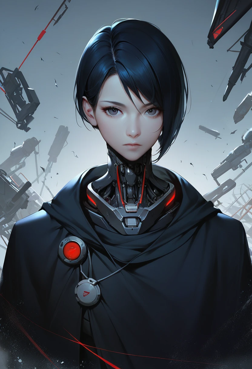 One woman, mature, anime, female anime character, dark eyes, expressionless, black hair, sharp face,artificial skin, black slim mechanical body frame, small chest, black cloak, elster, cyborg , mechanical jaw, mechanical neck, robotic, detailed anime character art, dark, facing center, close-up portrait, sharp focus, zPDXL3.