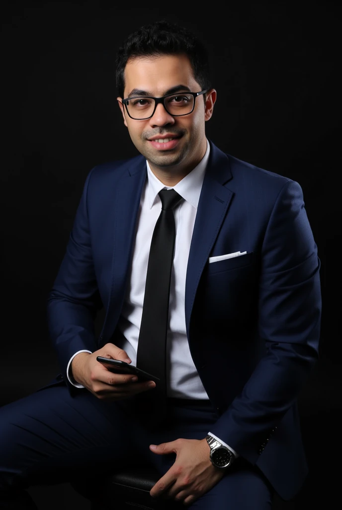 "Create a highly realistic portrait of a man in a professional setting. The man should be seated in a relaxed yet formal pose, wearing a navy blue suit, a white dress shirt, and a black tie. He should be holding a smartphone in his left hand and resting his right hand on his knee. The man should have a friendly and approachable expression with a slight smile and be wearing glasses. Include details such as a watch on his left wrist and a white pocket square in his suit jacket. The background should be plain and dark, with soft, even lighting that highlights the subject's face and upper body. The image should be taken from a slightly elevated angle, looking down at the subject. Ensure high realism, capturing natural skin tones, fabric textures, and subtle shadows."