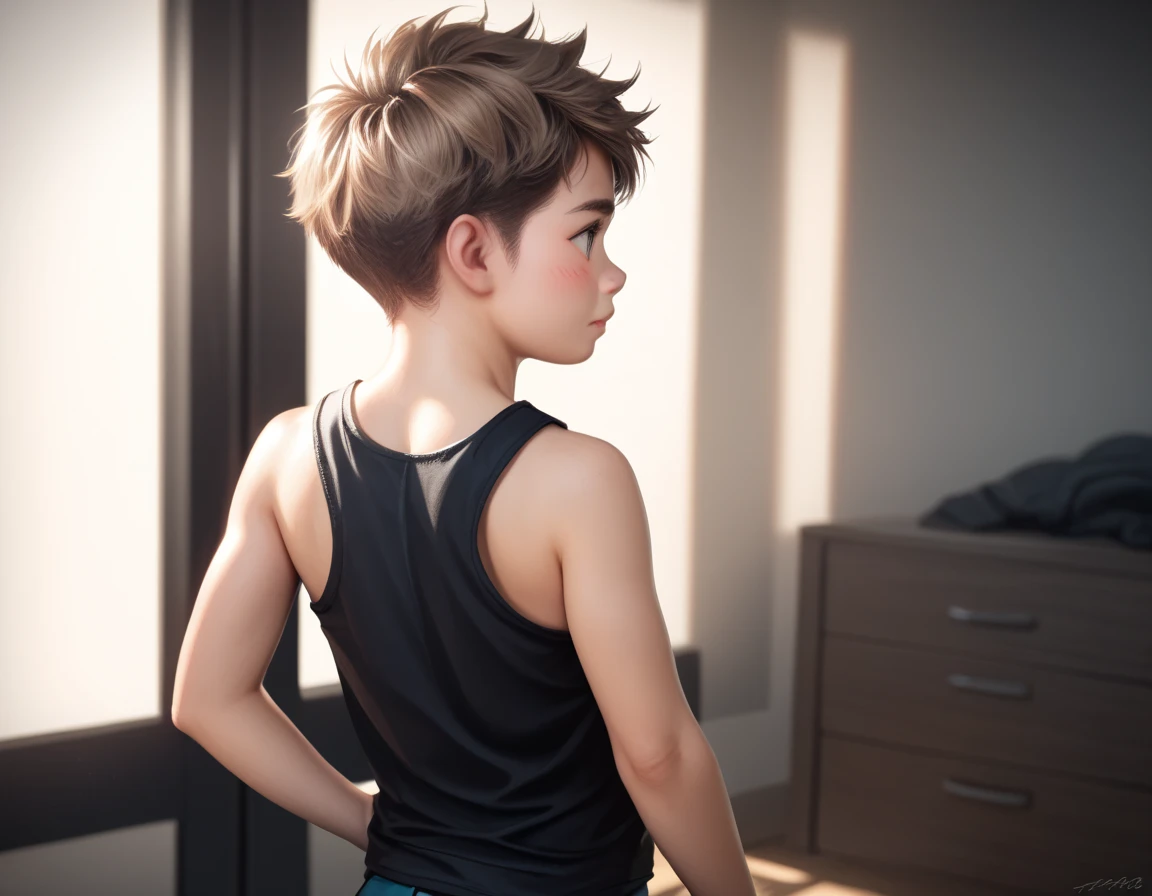 Two handsome kiid little young boy 5yr,SHOTA,delicious expression,blush,messy short hair,blond hair and brown hair,from behind,in room,kiid face,wearing black singlet,wearing shirt,hugged,fullbody,hd,4k,8k,dynamics lighting,perfect lighting,realistic,hd,4k,8k,dynamics lighting,perfect lighting,realistic,16k,hd lighting,realistic lighting,perfect shadows,realistic shadows,super realistic,hyper realistic,perfect face