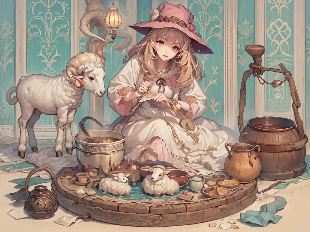 ((UHD, masterpiece, accurate, anatomically correct, super detail, high details, best quality,  highres icon)), 1girl,  long pink fluffy hair , round sheep horn , Thick eyebrows,  perfect eyes, Perfect Hair,  perfect finger,  Pink Dress , Sky blue witch hat , Sky Blue Robe,  brown boots, I can see your ankles,  stirring the liquid in the pot to a large ladle,  holding a spellbook in one hand ,  small sheep floating around it  + Perfect and detailed sheep,  room with miscellaneous items , Lamplight, Realistic lighting light