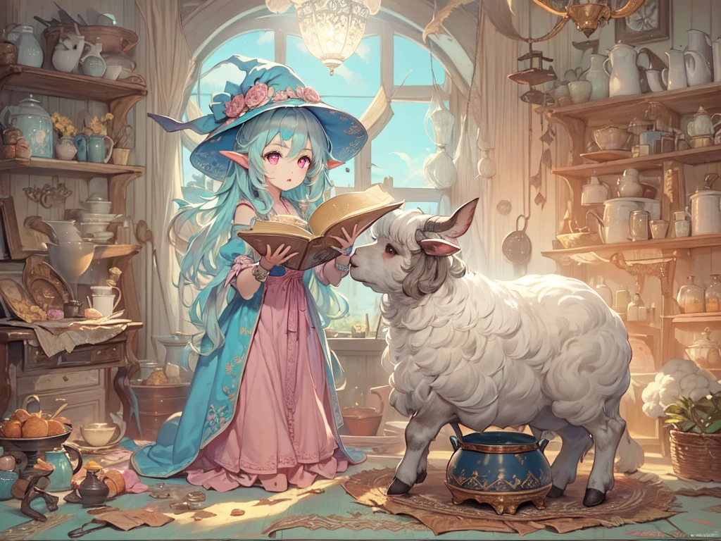 ((UHD, masterpiece, accurate, anatomically correct, super detail, high details, best quality,  highres icon)), 1girl,  long pink fluffy hair , round sheep horn , Thick eyebrows,  perfect eyes, Perfect Hair,  perfect finger,  Pink Dress , Sky blue witch hat , Sky Blue Robe,  brown boots, I can see your ankles,  stirring the liquid in the pot to a large ladle,  holding a spellbook in one hand ,  small sheep floating around it  + Perfect and detailed sheep,  room with miscellaneous items , Lamplight, Realistic lighting light