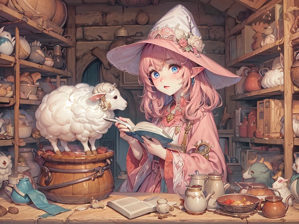 ((UHD, masterpiece, accurate, anatomically correct, super detail, high details, best quality,  highres icon)), 1girl,  long pink fluffy hair , round sheep horn , Thick eyebrows,  perfect eyes, Perfect Hair,  perfect finger,  Pink Dress , Sky blue witch hat , Sky Blue Robe,  brown boots, I can see your ankles,  stirring the liquid in the pot to a large ladle,  holding a spellbook in one hand ,  small sheep floating around it  + Perfect and detailed sheep,  room with miscellaneous items , Lamplight, Realistic lighting light