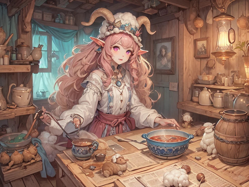 ((UHD, masterpiece, accurate, anatomically correct, super detail, high details, best quality,  highres icon)), 1girl,  long pink fluffy hair , round sheep horn , Thick eyebrows,  perfect eyes, Perfect Hair,  perfect finger,  Pink Dress , Sky blue witch hat , Sky Blue Robe,  brown boots, I can see your ankles,  stirring the liquid in the pot to a large ladle,  holding a spellbook in one hand ,  small sheep floating around it  + Perfect and detailed sheep,  room with miscellaneous items , Lamplight, Realistic lighting light