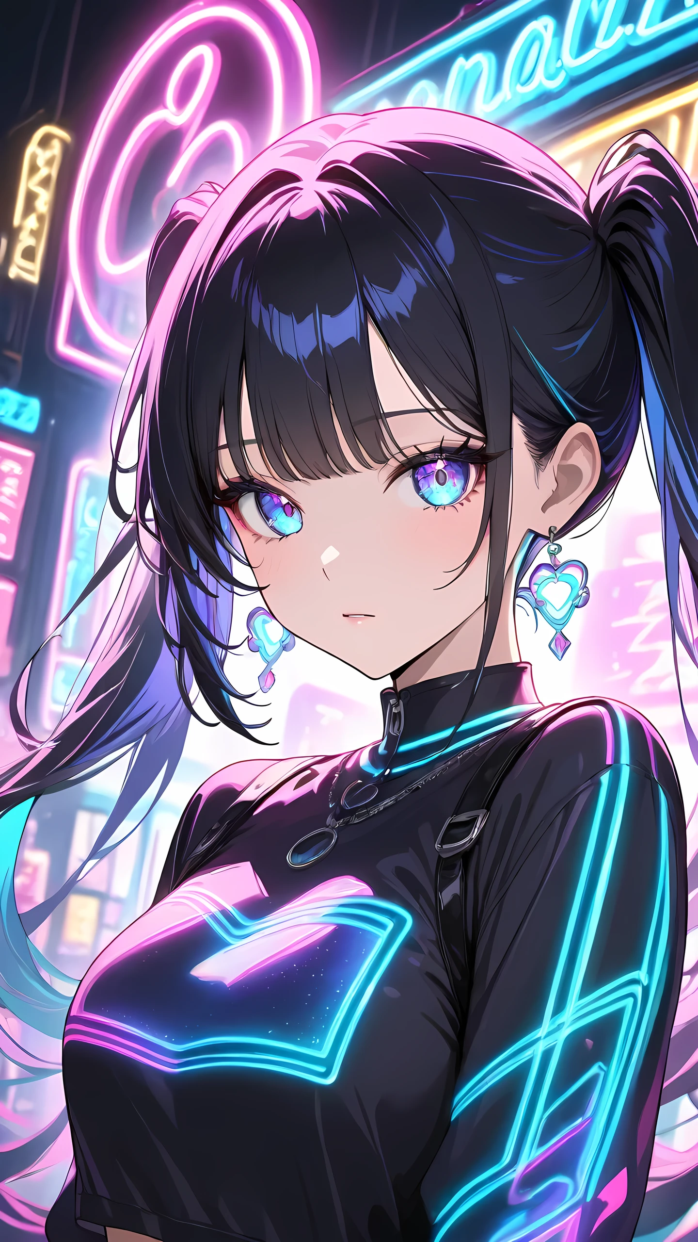 (masterpiece, best quality, newest, absurdres, highres), 1girl, solo, neon lights, prismatic, holographic, chromaticaberration