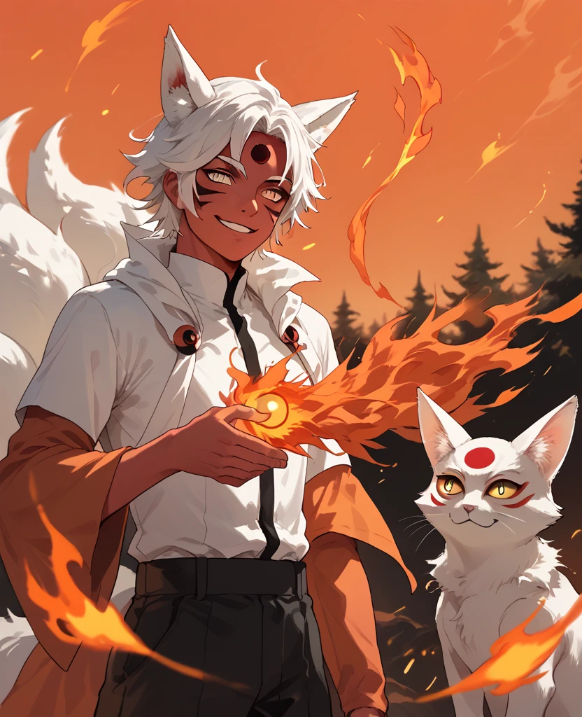 man, fire hair, white skin, red face paint, anime style, fire, yellow eyes, white hair, third eye on forehead, smile, cat eyes, fire covering hands, natural skin, kitsune, short hair, strong, orange sky, white fox ears