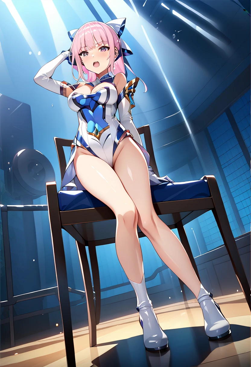 ((full body)), Bodysuit , pink hair， white leotard，White elbow gloves，white thigh high knee socks， 最 High Quality , masterpiece,  High Quality ,  game cg,  flower，最 High Quality ，Detailed description，壁に手をついてButtを突きだす， show me your back， lower angle ，From below， One girl , 最 High Quality , masterpiece,score_9, score_8_ up, score_7_ up, score_6_ up, score_5_ up, score_4_ up,  Source_Anime,  watching the audience , Particles of light, shut  up, indoor, , bangs, ,  tilt your neck , Black Rose , Beautiful and delicate eyes,  1 girl, Alone, s uper detailed,  long hit ,  beautiful background.( perfect hand,  perfect legs ，perfect feet，  Perfect Anatomy), ，M type， transparent ， long legs ，Low Cut，Release your shoulders， Correct posture，Right leg shape  ，  Correct Body Ratio  ，Correct thighs，Suitable shoes，Luxurious chair， play,  heart shaped eyes ,  orgasm , Butt,sweat,(urination)，  climax ， due to cramps  ，