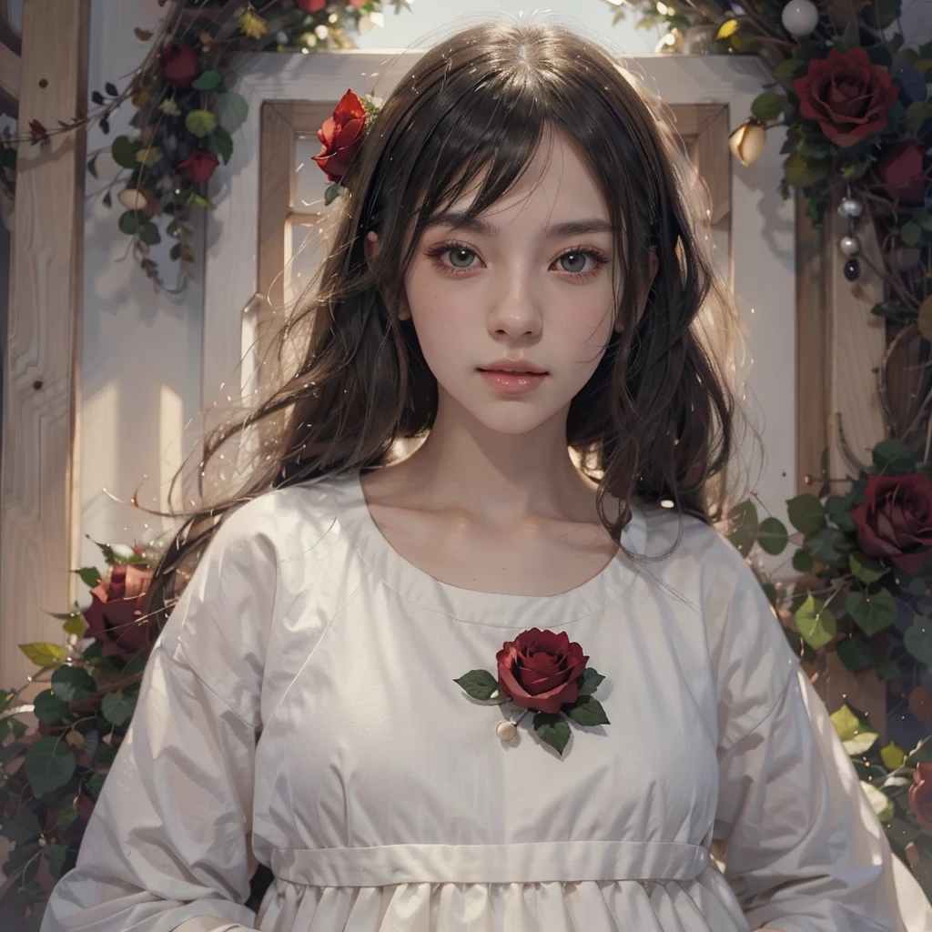 Anime girl with long black hair and a white dress with red roses, Gwaiz, Gwaiz on pixiv artstation,  detailed digital animation art, beautiful anime girl, Gwaiz on artstation pixiv, Anime Style 4k, everyone, beautiful anime portrait,  detailed portrait of an anime girl ,  BEAUTIFUL ANIME WOMEN ,  Detailed Anime Art 