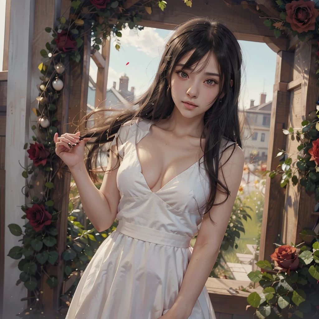 Anime girl with long black hair and a white dress with red roses, Gwaiz, Gwaiz on pixiv artstation,  detailed digital animation art, beautiful anime girl, Gwaiz on artstation pixiv, Anime Style 4k, everyone, beautiful anime portrait,  detailed portrait of an anime girl ,  BEAUTIFUL ANIME WOMEN ,  Detailed Anime Art 