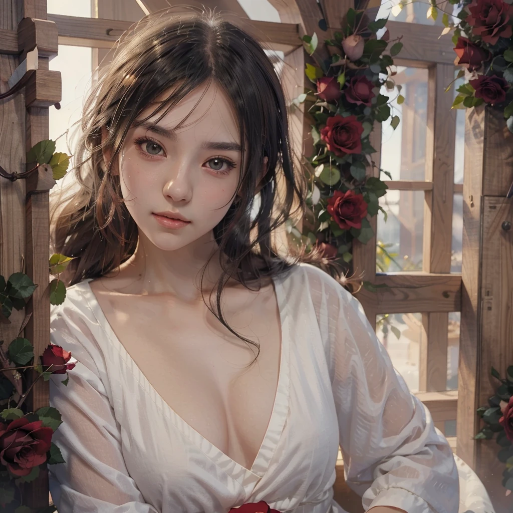 Anime girl with long black hair and a white dress with red roses, Gwaiz, Gwaiz on pixiv artstation,  detailed digital animation art, beautiful anime girl, Gwaiz on artstation pixiv, Anime Style 4k, everyone, beautiful anime portrait,  detailed portrait of an anime girl ,  BEAUTIFUL ANIME WOMEN ,  Detailed Anime Art 