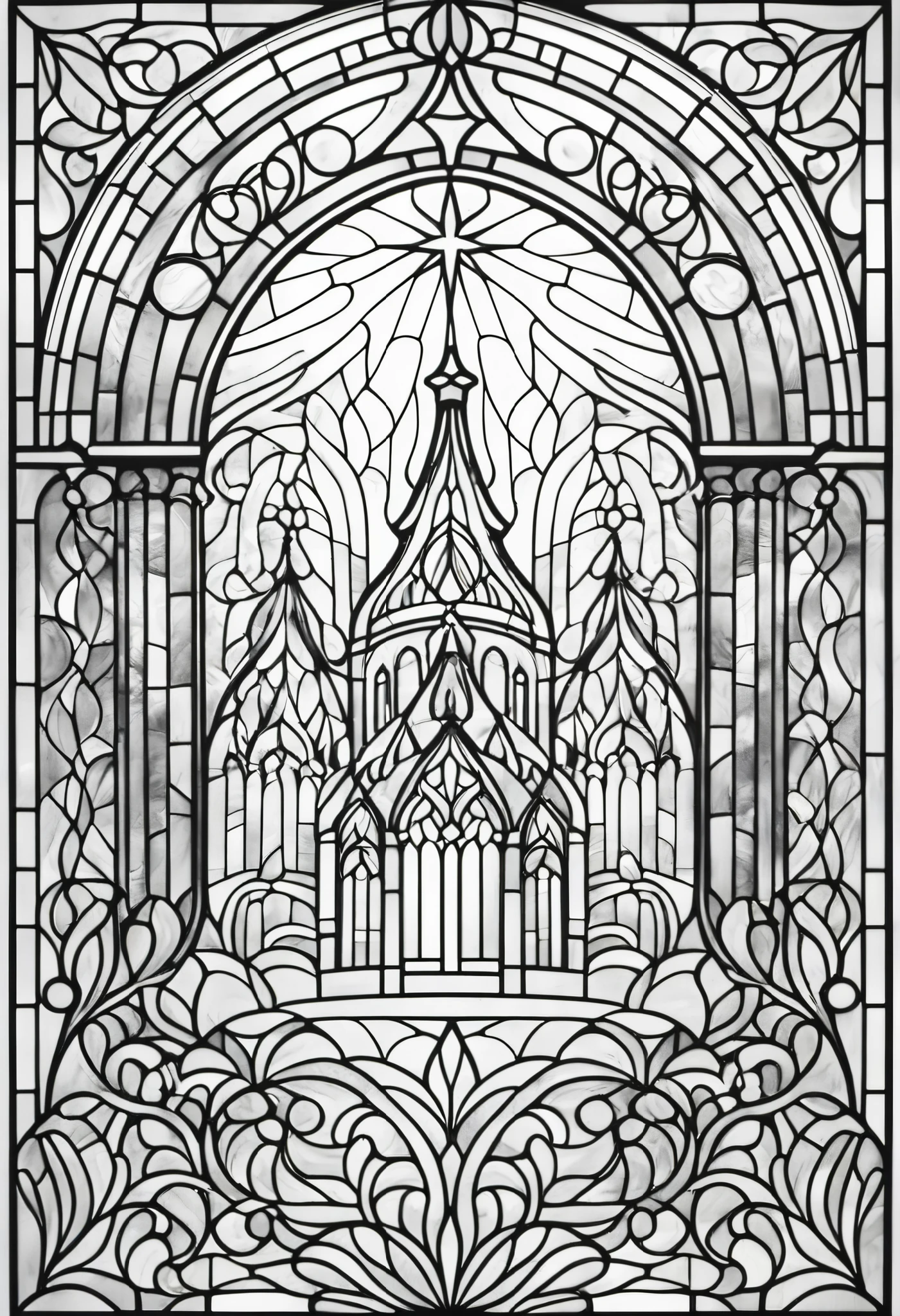 simple line art, black and white, Stained glass design, without colored glass, composed only of lines, The theme is ‘christmas’,