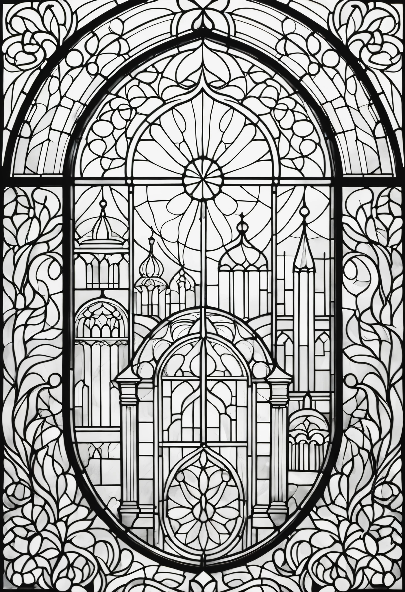 simple line art, black and white, Stained glass design, without colored glass, composed only of lines, The theme is ‘christmas’,