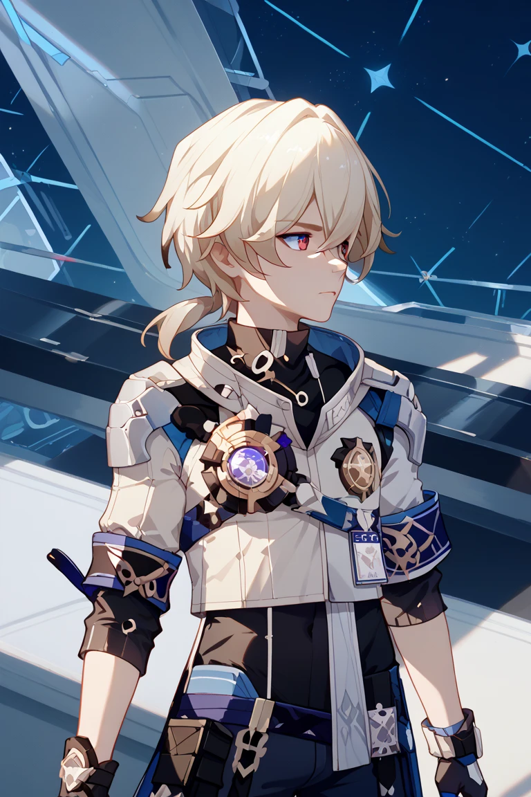 The guy, Arlan from the Honkai Star Rail, the front view, reflects the attack, a view from afar, a harsh face, against the background of a space station, high quality