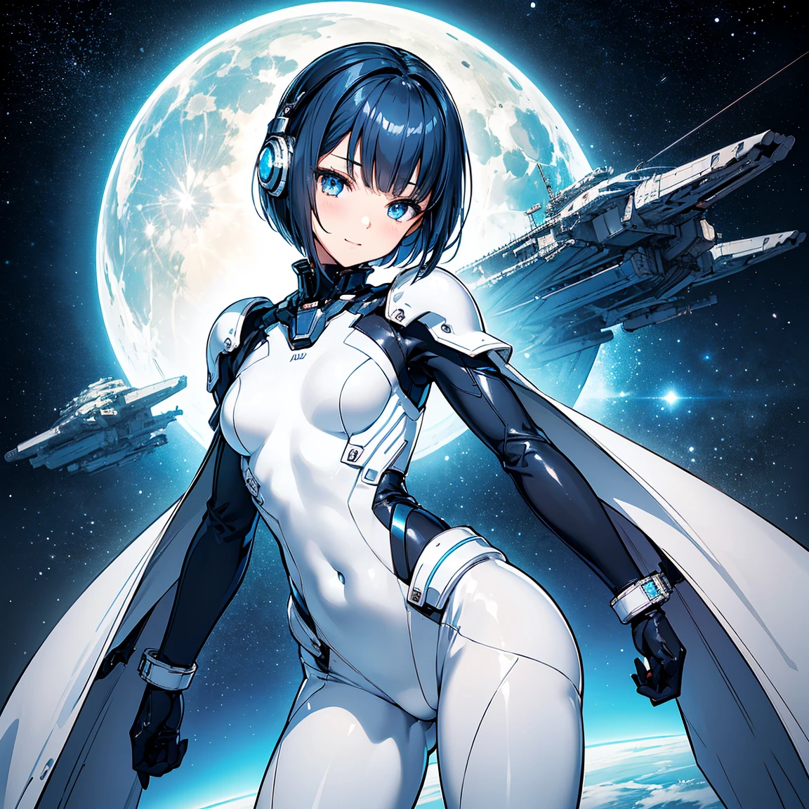 (masterpiece、 top quality 、 highest resolution、 clear_image、 Detailed Details): (Whole body、A 20 year old girl、Japanese Faces、 small face、 slender、 dark blue super short bob cut hair、(Hidden small breasts:1.3)、Sparkling blue eyes 、 white, blue, and black shiny pilot suit、Chest protection armor、Tight fitting clothes、Clothing that covers the whole body、Glamorous clothes、 tight fit pants 、Hide your skin、 very delicate and beautiful、Detailed Skin、Hide your thighs、Hide your ass、 cute、A gentle smile、Soft expression、heroine、 headset、 long boots、Elbow-length gloves、 eye level shot、Peace talks between warring factions,attention arousal, Clever Blue Eyes,Face directly、 woman on a spaceship )、 background、Moon in the background、shiny pilot suit in white, blue and black colors with galaxy clouds on the background 、Meteor Shower